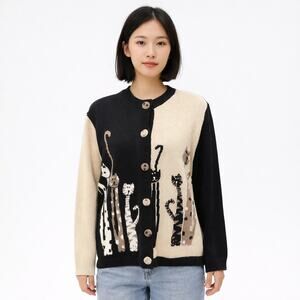 Vintage Cat Cardigan Sweater Size Medium Black Tan Novelty Whimsical Cats Blair